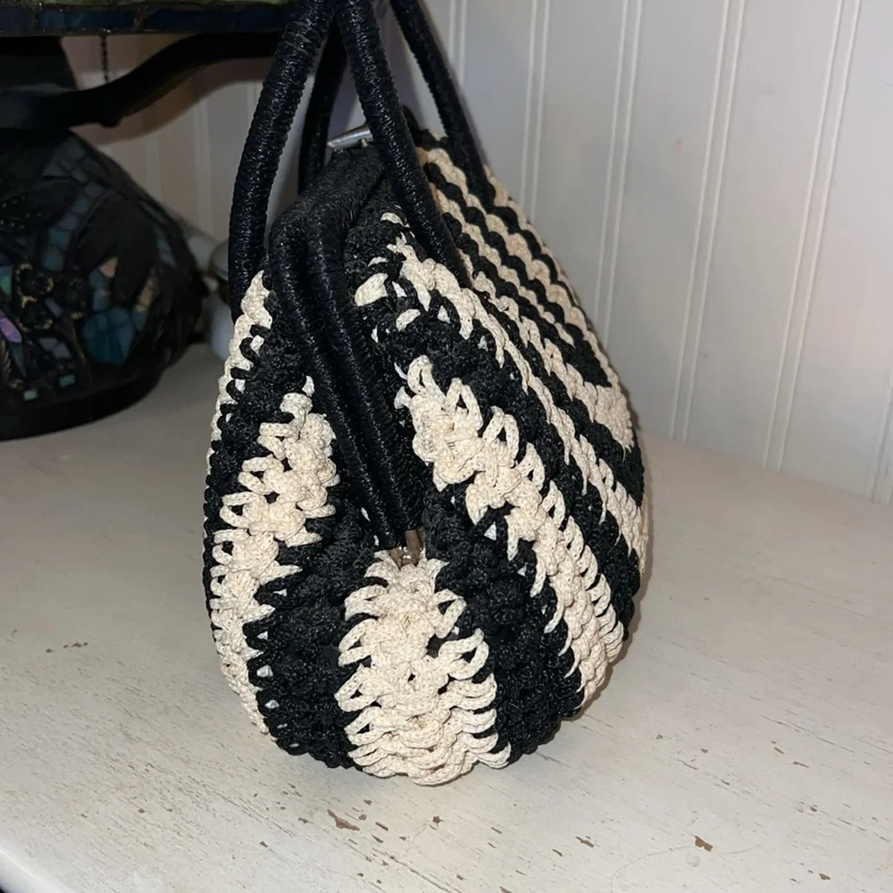 50's Vintage woven handbag satchel black cream 12.5” w x 7” t x 5” d